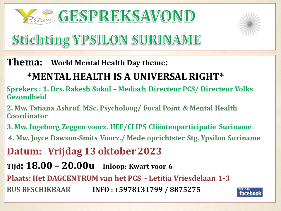 St. Ypsilon Suriname houdt gespreksavond over ‘mental health is a