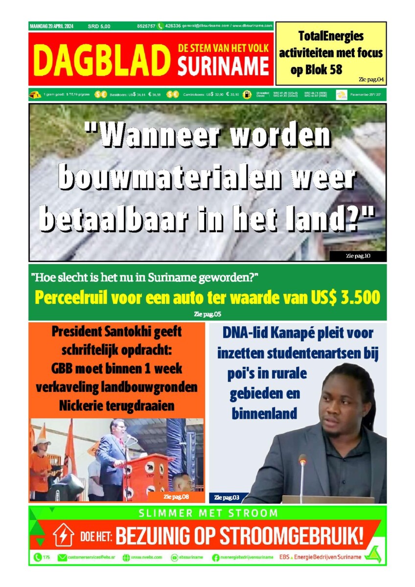 Dagblad Suriname Maandag 29 April 2024 Dagblad Suriname